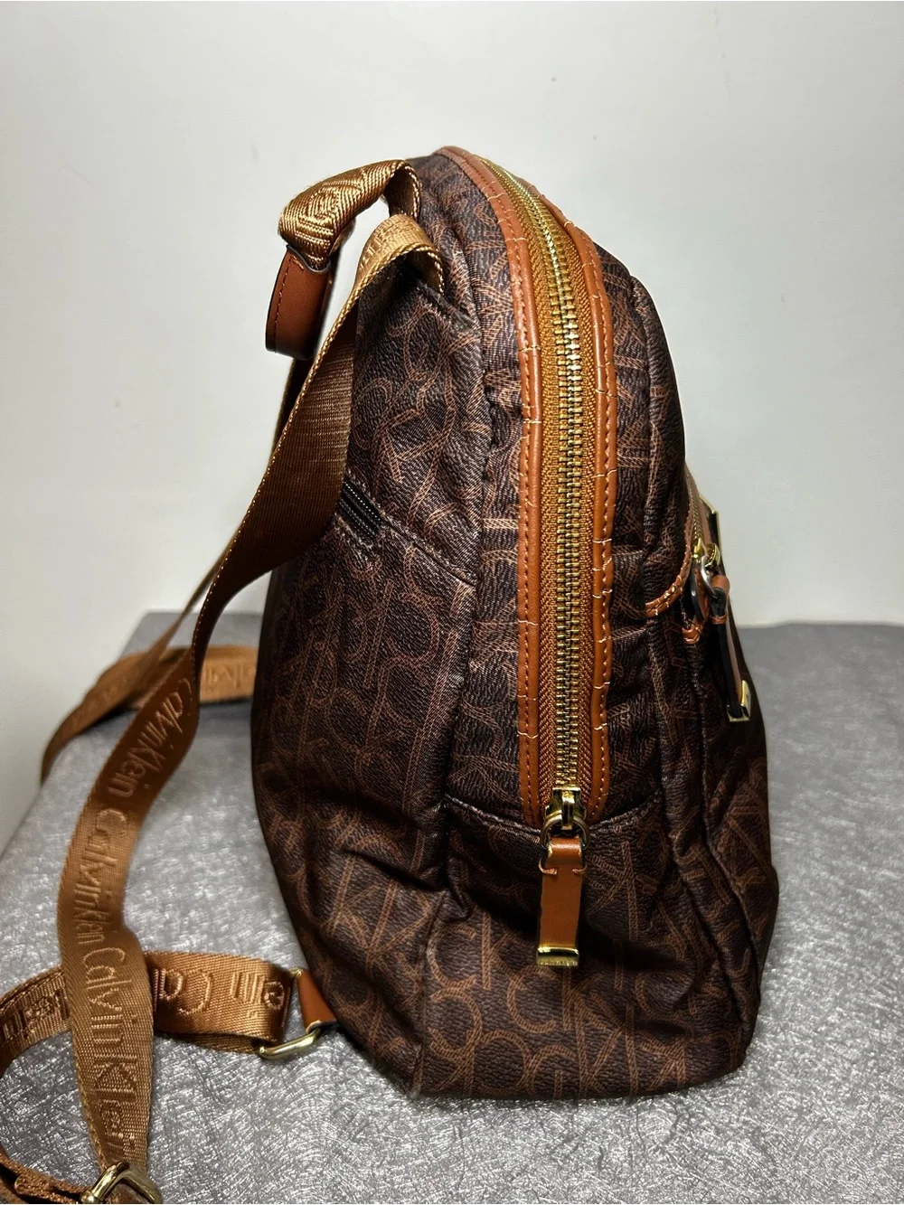 Calvin Klein Brown Logo Print Backpack Zip Front Pocket Gold Hardware